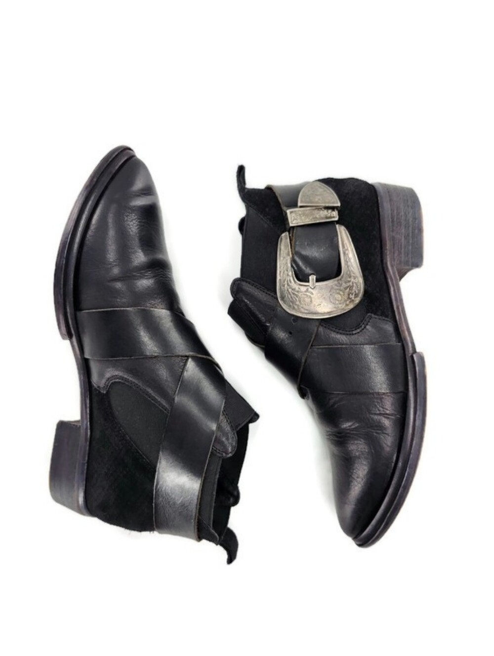 Free People Maverick Chelsea Black Leather Suede Silver Western Buckle Shooties - Picture 6 of 14